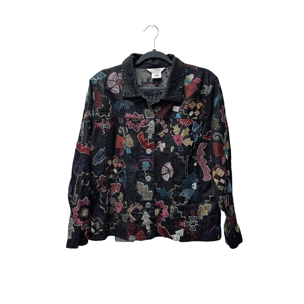 Stonebridge Signature Denim Jacket PL Black Multi Color Embroidered Studded Boho